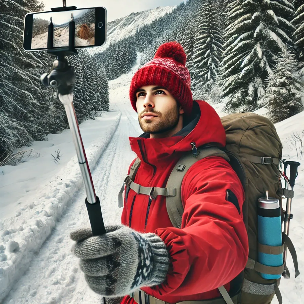 눈 덮인 산길-셀카봉으로 셀카 촬영-겨울 등산객
