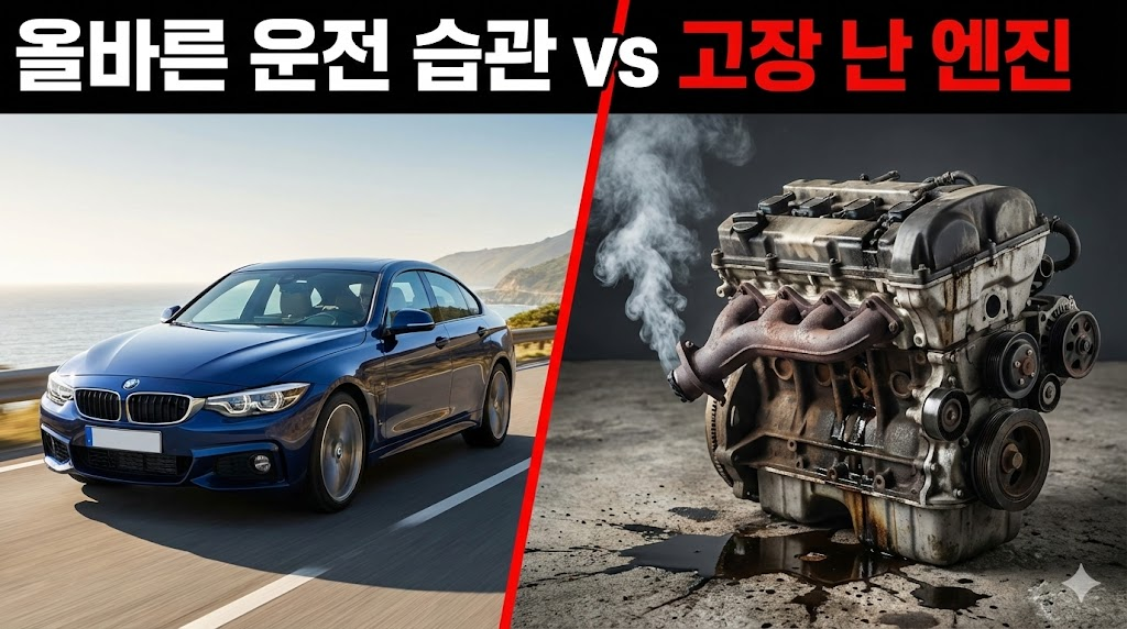 올바른 운전 습관으로 잘 관리된 파란색 자동차와 잘못된 습관으로 고장 나 연기 나는 엔진 부품을 대비시켜 보여주는 블로그 썸네일 이미지. 상단에 "올바른 운전 습관 vs 고장 난 엔진" 텍스트가 있다.