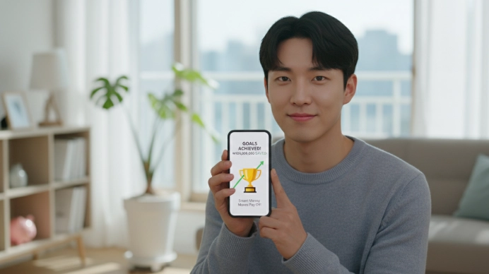 스마트폰으로 재정 상황을 확인하며 자신감 있는 표정을 짓는 청년의 모습, 금융 목표 달성과 안정감을 상징.
