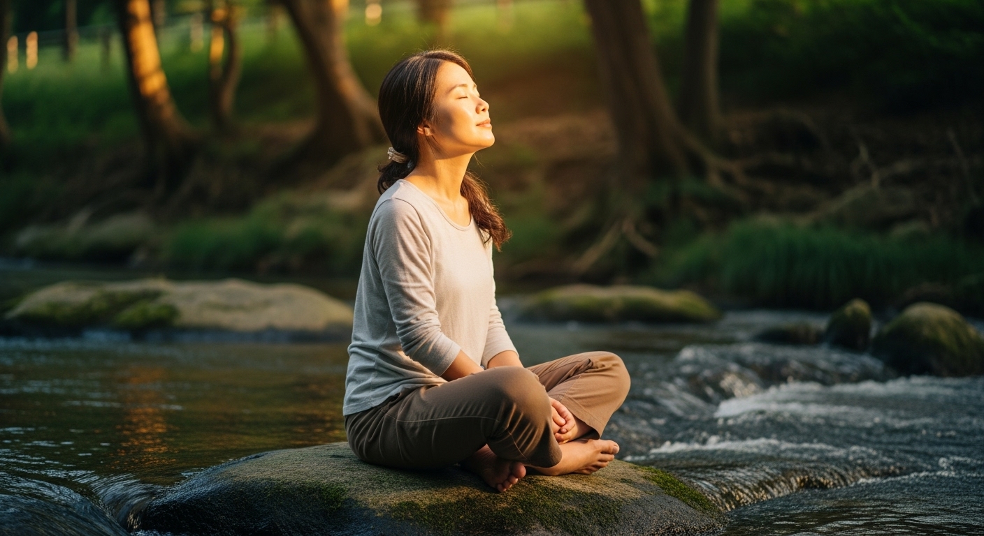 저녁 햇살 아래 강가 바위 위에서 명상하며 평온함을 느끼는 여성의 모습