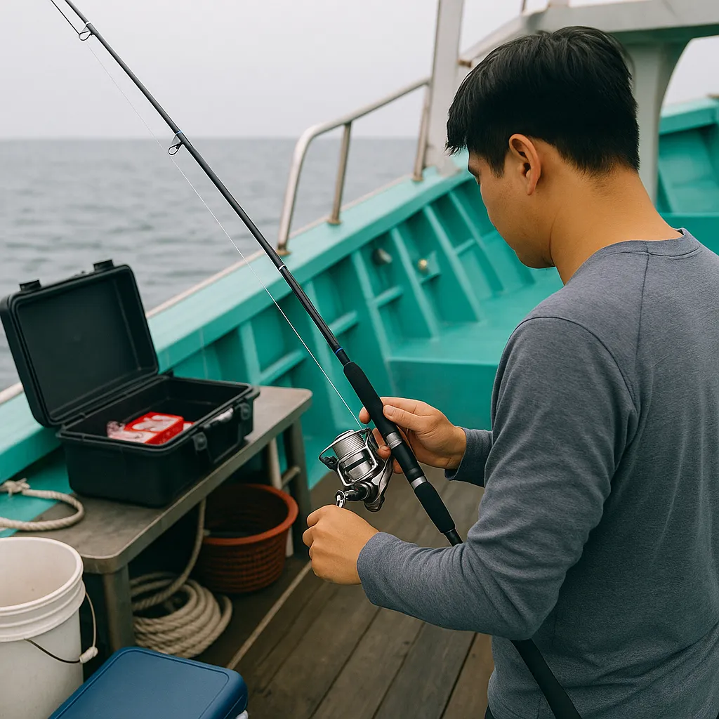 선상에서 갈치낚시 장비를 정비하는 장면