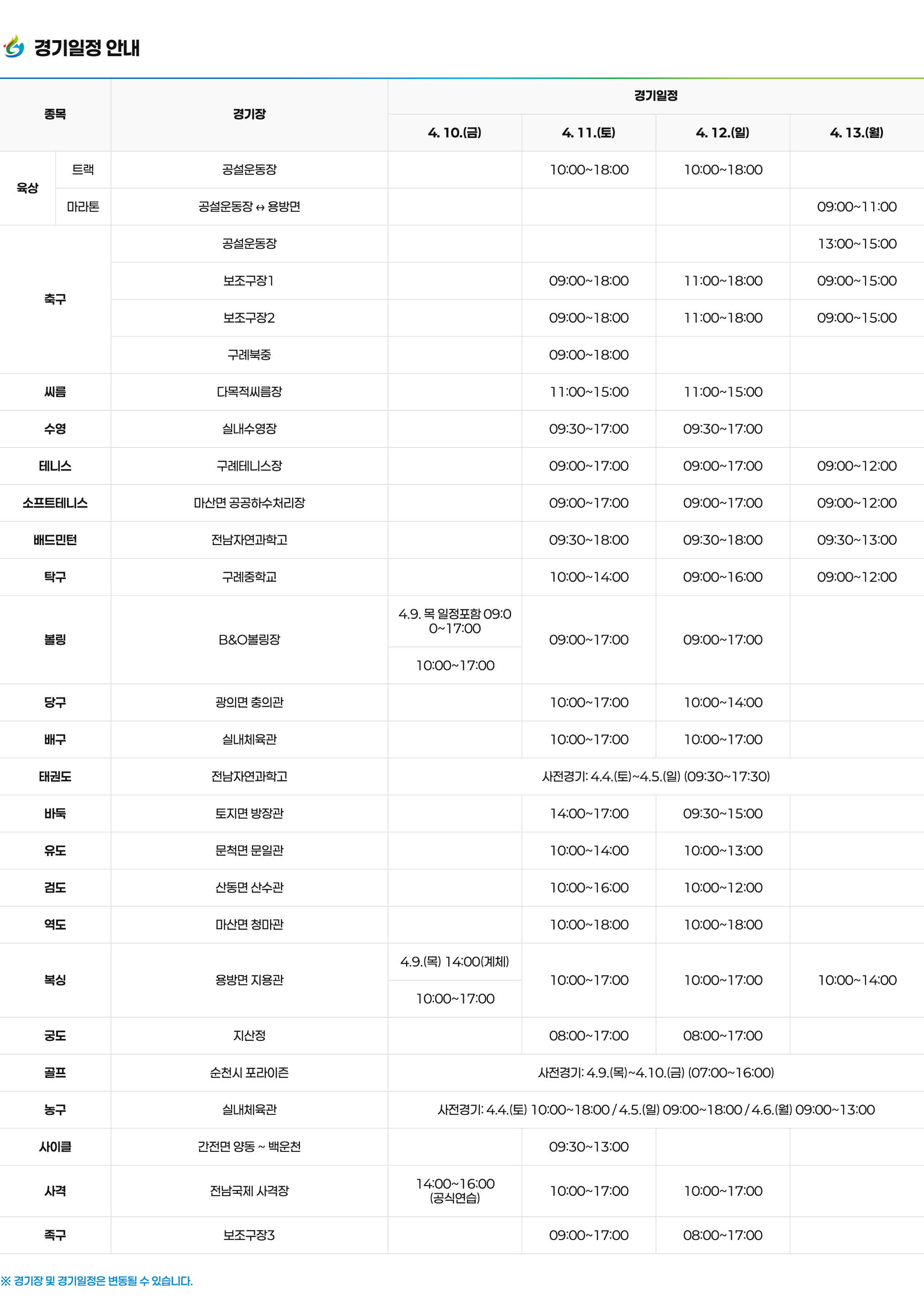 2026년 제65회 구례군 전라남도체육대회 경기일정 주요행사 초청가수 정리