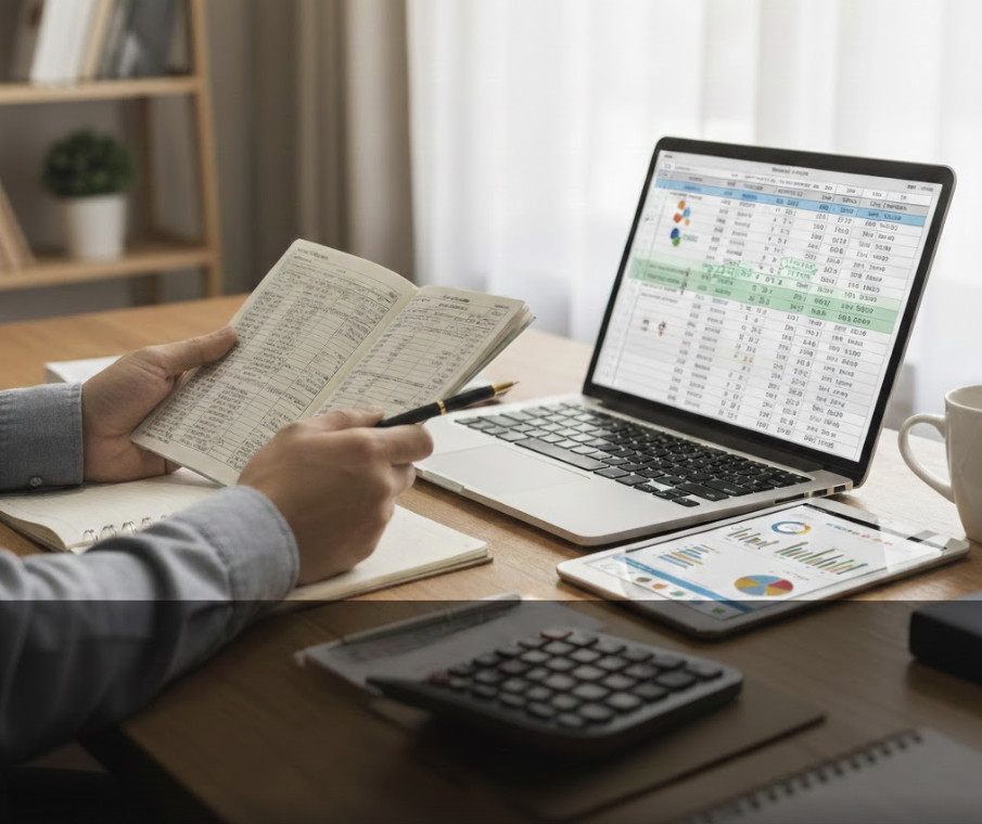 통장을 보며 가계부, 자산을 관린하는 이미지