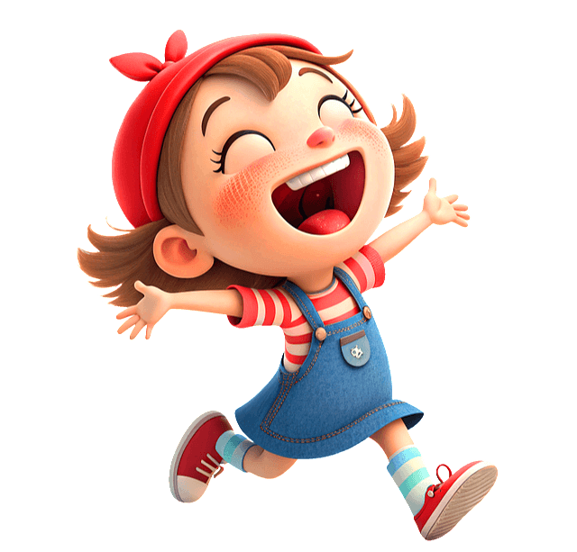 멜빵 청치마를 입고 빨간 머리띠를 한 단발머리 여자아이가 양팔을 벌려 활짝 웃으며 달려간다.