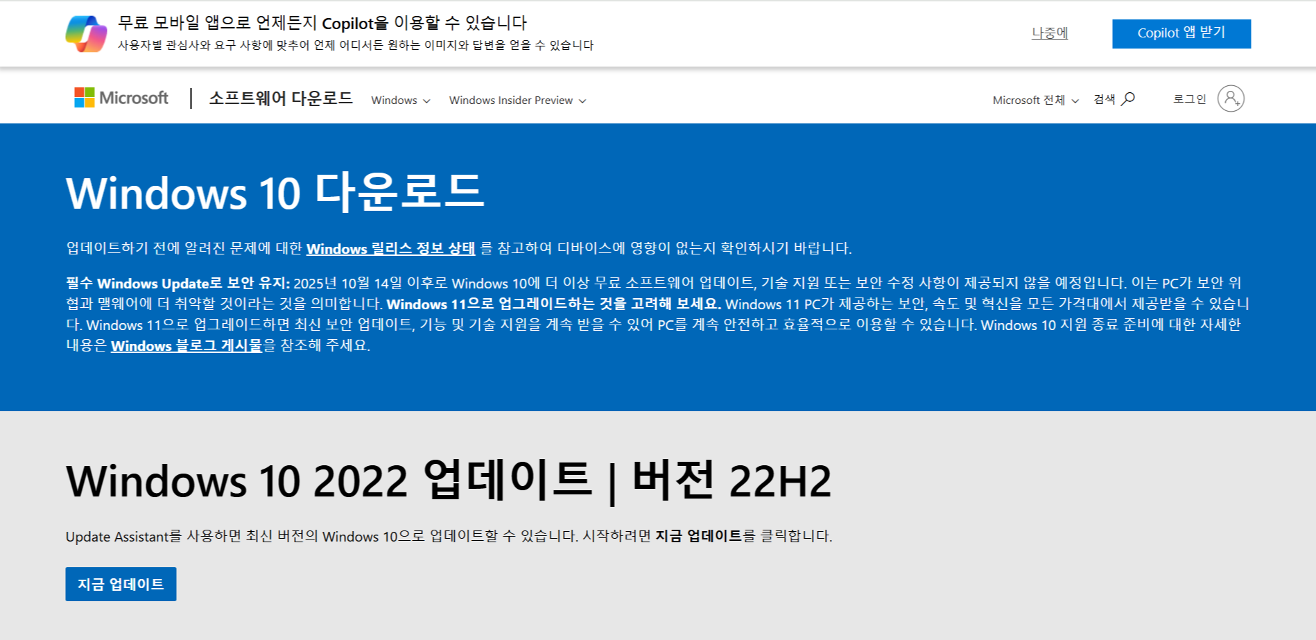 윈도우 10 ISO 설치 파일 다운로드 페이지