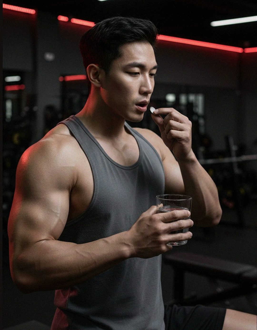 Korean Asian man taking supplement with water bottle at gym