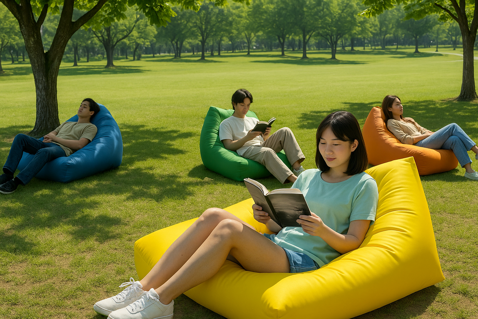 부산시민공원 빈백에 앉아 독서나 휴식을 즐기는 모습-힐링존