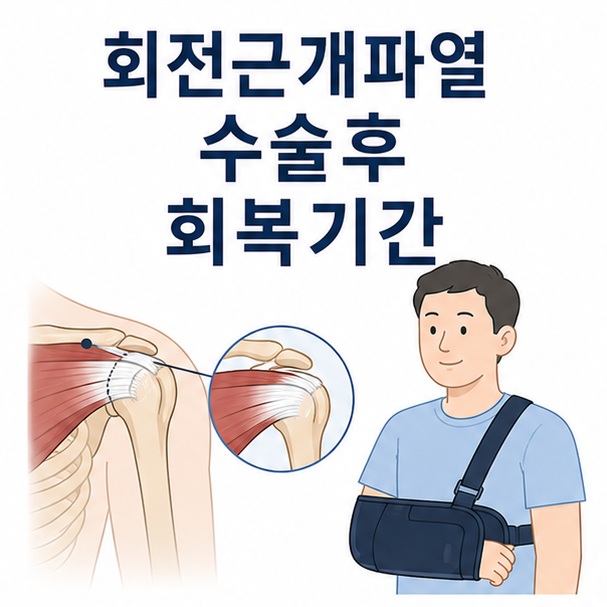 어깨 회전근개와 팔 보조기를 함께 배치해 회전근개파열 수술후 회복기간을 설명하는 대표 이미지