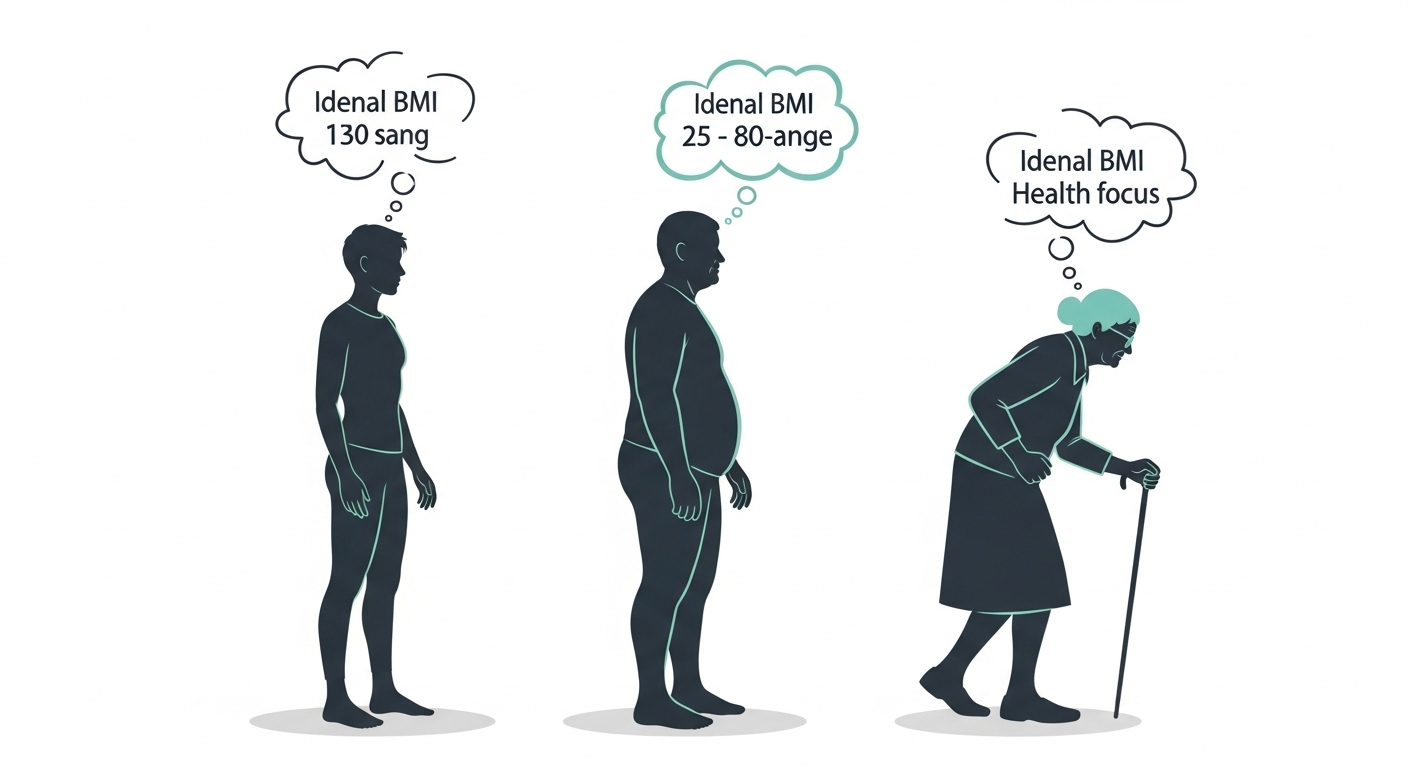 각기 다른 연령대의 실루엣들이 나이대별 이상적인 BMI 범위와 건강 초점을 보여주는 인포그래픽.