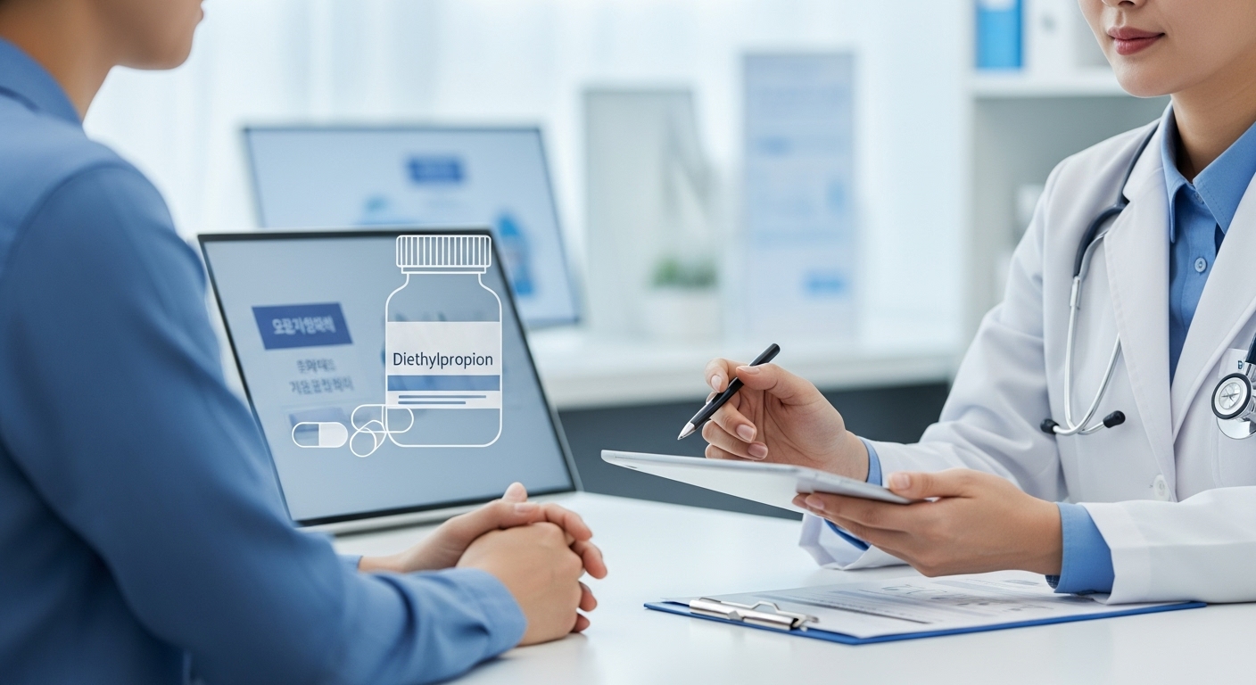 의료진이 환자에게 디에타민 복용 전 건강 상담을 진행하며 주의사항을 설명하는 모습. 테이블 위에는 디에타민 약병이 놓여있다.