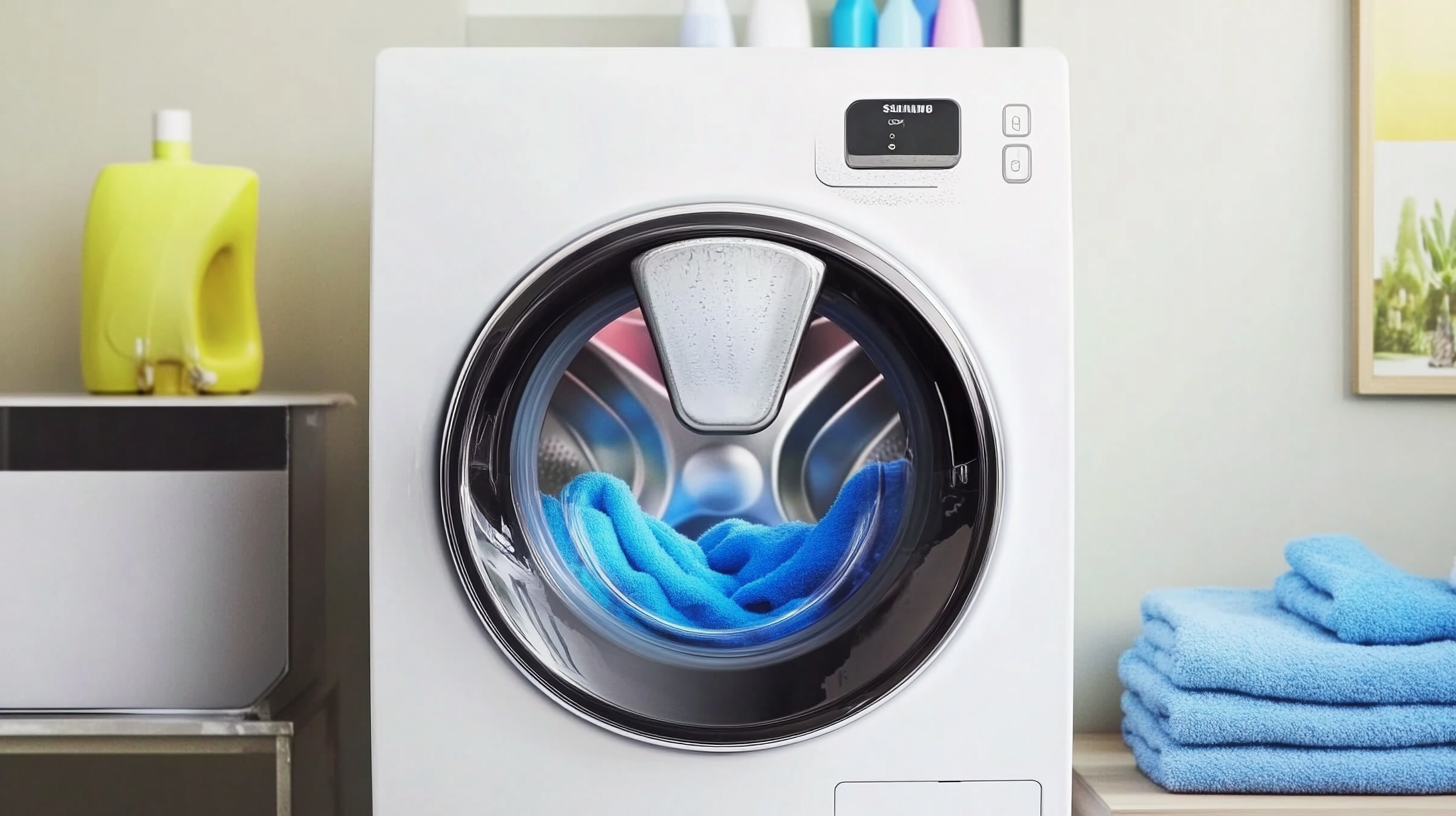 최신 기술을 적용한 삼성 세탁기가 현대적인 세탁실에서 강력한 물줄기 기능을 통해 자동으로 세탁을 하고 있으며, 에너지 효율성을 잡아내고 있는 모습