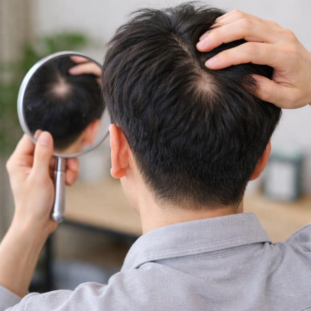원형탈모 탈모반을 확인하는 장면을 표현한 이미지