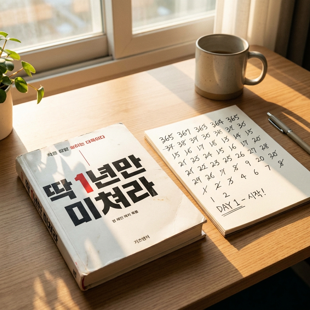 정갈한 책상 위에 놓인 강연주의 '딱 1년만 미쳐라' 책과 그 옆에 직접 손으로 그린 365일 카운트다운 달력. 창가로 들어오는 아침 햇살이 비장하면서도 희망찬 분위기를 조성하는 8k 고해상도 사진.