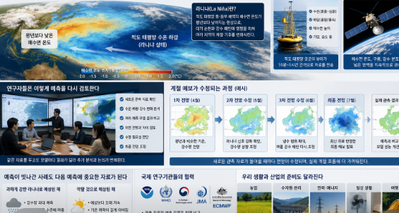 적도 태평양의 차가워진 바다에서 시작된 라니냐 신호와 계절 예보 수정 과정을 담은 인포그래픽