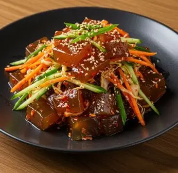 검은 접시에 담긴 도토리묵무침. 채 썬 오이와 당근, 양념장으로 버무려져 있고, 위에는 통깨가 뿌려져 있다