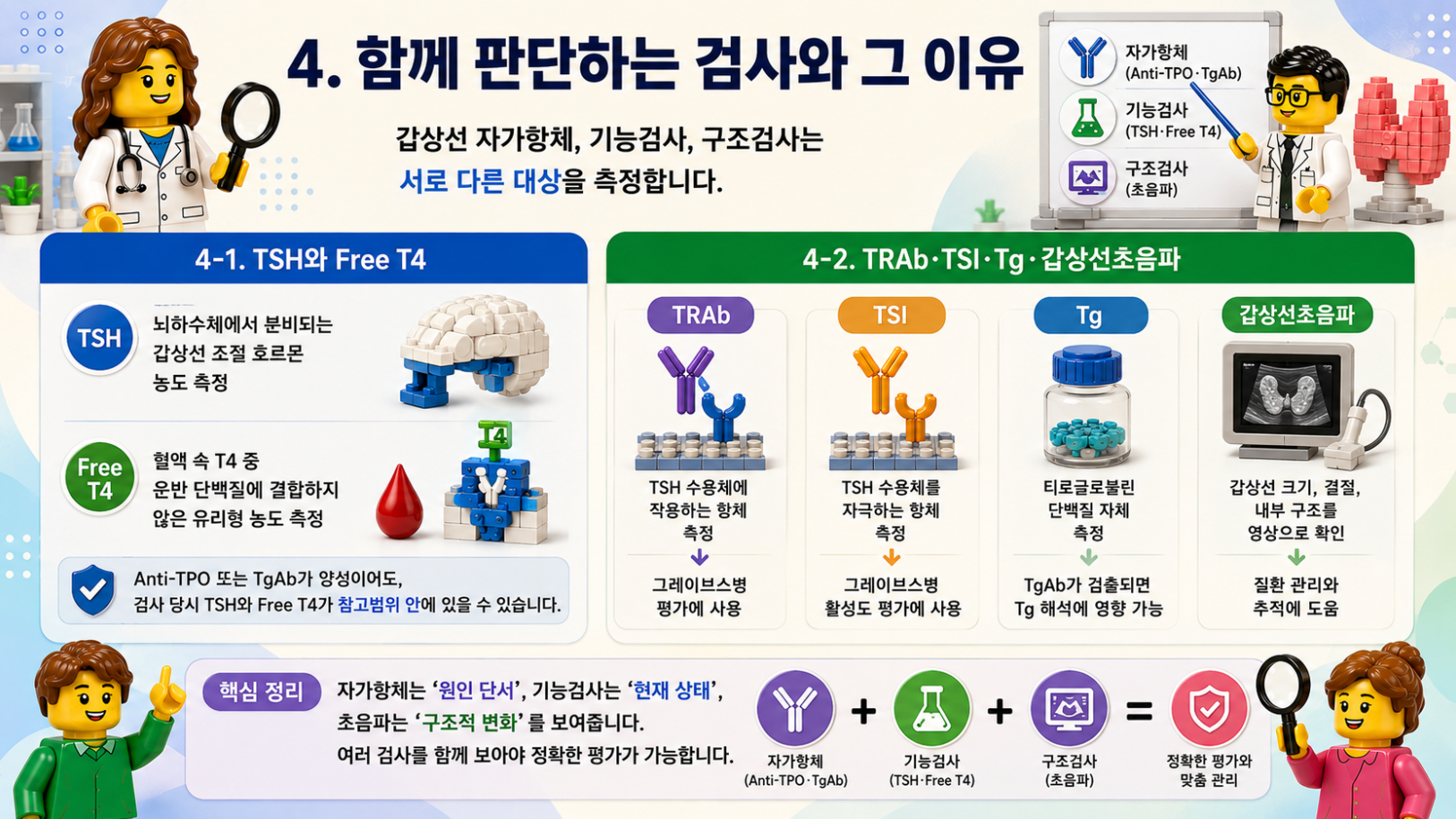 갑상선 자가항체와 TSH·Free T4·TRAb·TSI·Tg·갑상선초음파를 함께 확인하는 이유를 비교한 레고 스타일 메디컬 인포그래픽