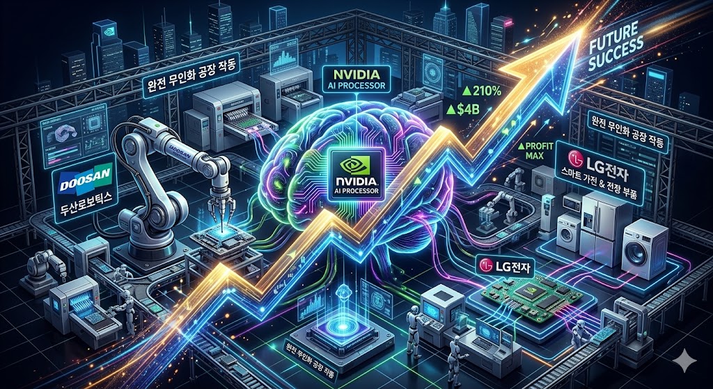 네온 레이저 빛으로 화려하게 빛나는 엔비디아(NVIDIA)의 차세대 AI 프로세서 뇌를 중심으로, 대한민국 '두산로보틱스'의 초정밀 협동로봇 팔과 'LG전자'의 스마트 가전 및 자율주행 전장 부품 기판이 유기적으로 탑재되며 현실 세계의 공장을 완전 무인화로 작동시키는 하이테크 3D 일러스트 그래픽 이미지. 중앙에는 거대한 실적 우상향 그래프(Earnings Arrow)가 관통하는 구조.