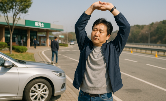 휴계소에서 스트레칭하는 모습