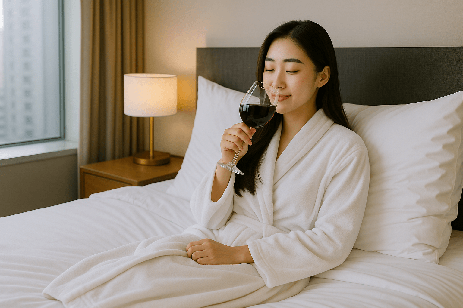 와인 잔을 들고 호텔 침대에 앉아 여유를 즐기는 한국인 20대 여성의 모습