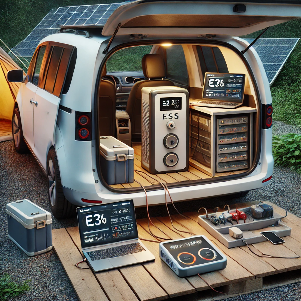 ESS에 다양한 기기를 연결해 실제 전력 소비 테스트 중인 차박 셋업 &ndash; 노트북, 냉장고, 조명, 스마트폰 충전이 연결된 캠핑 현장