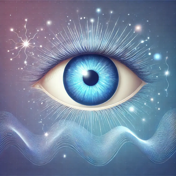 눈 밑 떨림을 상징하는 일러스트 – 파란 눈 아래 진동선과 퍼지는 신경빛 표현