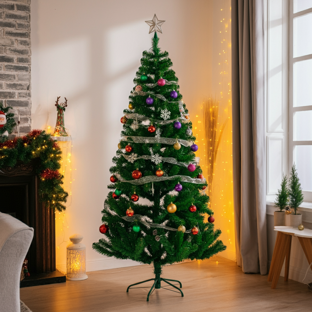 따뜻한 조명과 붉은색, 금색 장식이 돋보이는 크리스마스 트리, 밝고 포근한 실내 장면