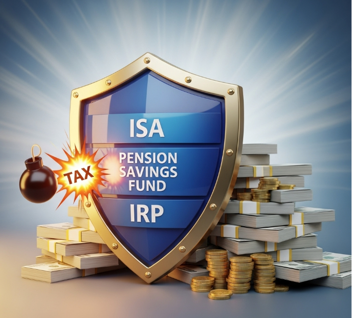 세금 폭탄을 막아주는 방패 모양의 아이콘이 있고, 그 위에 'ISA', '연금저축펀드', 'IRP'라는 글자가 쓰여있다. 방패 뒤로는 돈다발이 쌓여있는 그림이 있어, 세금 절세가 자산 증식에 도움이 된다는 것을 시각적으로 표현