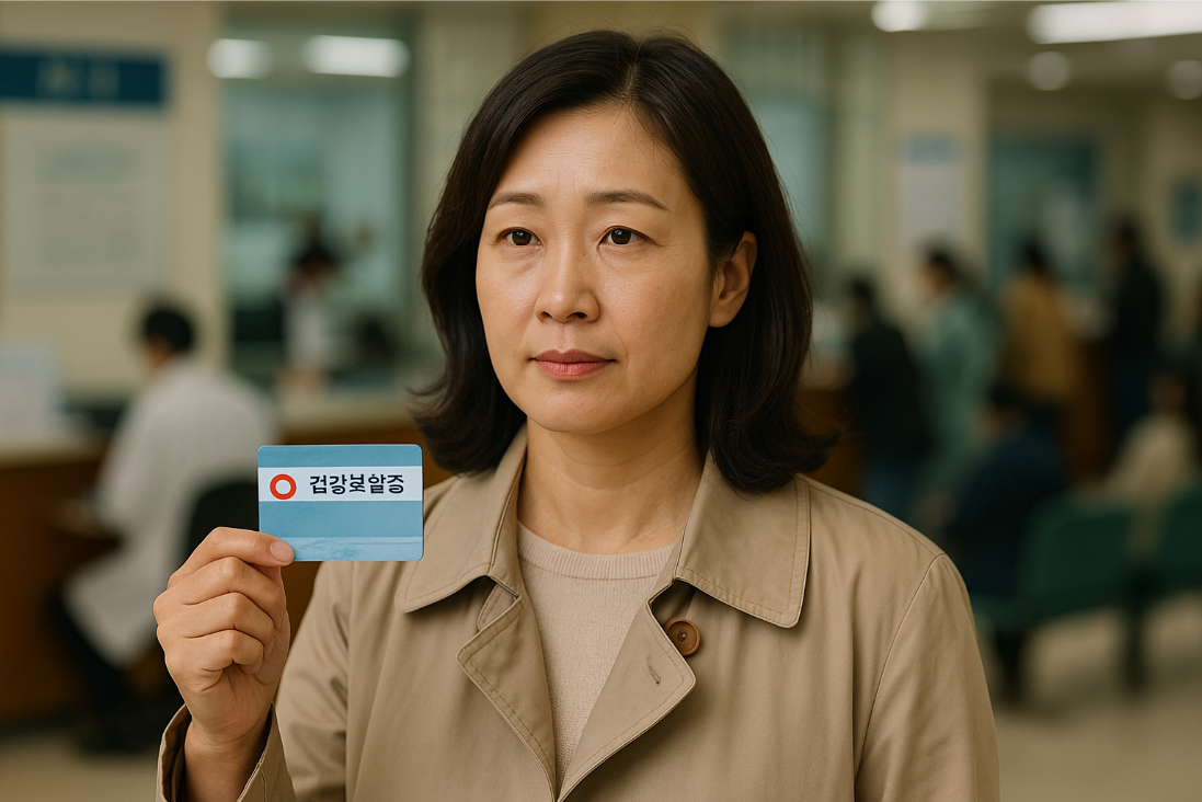 건강보험증을 들고 병원 접수 창구앞에 서 있는 40대 여성의 모습