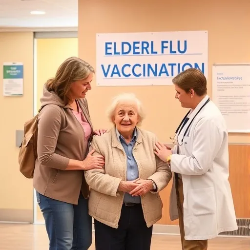 자원봉사자 또는 가족 구성원이 어르신을 부축하여 편안하게 예방접종 센터로 안내하거나, 어르신이 의료진과 상담 후 접종을 받는 따뜻한 분위기의 장면입니다. 배경에는 "어르신 독감 예방접종" 문구가 보입니다.
