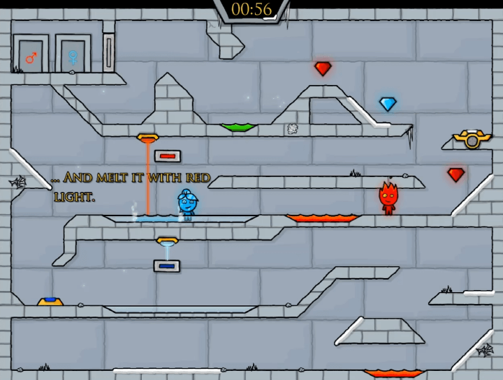 물불게임-2인용-게임하기-3-아이스템플-플레이-소년이-버튼을-밟아-뜨거운-광선으로-얼음을-녹이는-화면