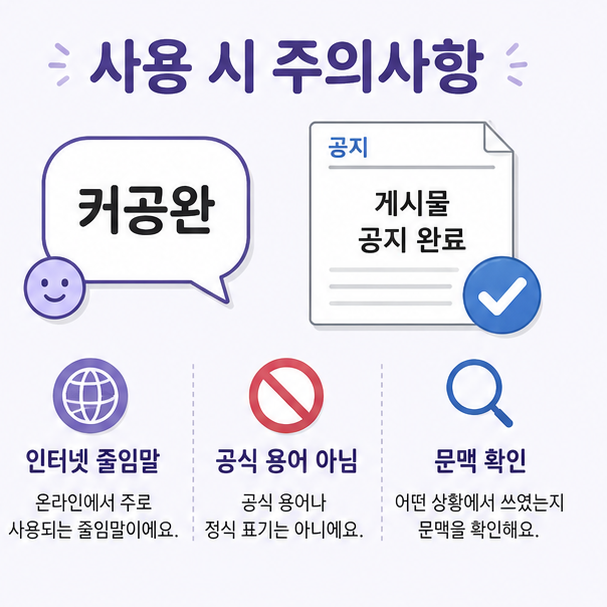 커공완은 공식 표준어가 아닌 인터넷 줄임말이므로 사용하는 채널과 문맥을 함께 확인해야 한다는 내용을 설명한 이미지