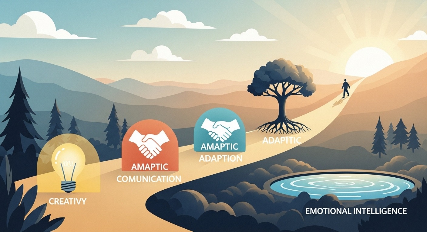 각기 다른 소프트 스킬을 상징하는 이정표가 있는 길을 따라 한 사람이 꾸준히 나아가며 소프트 스킬 개발 여정을 보여주는 이미지.