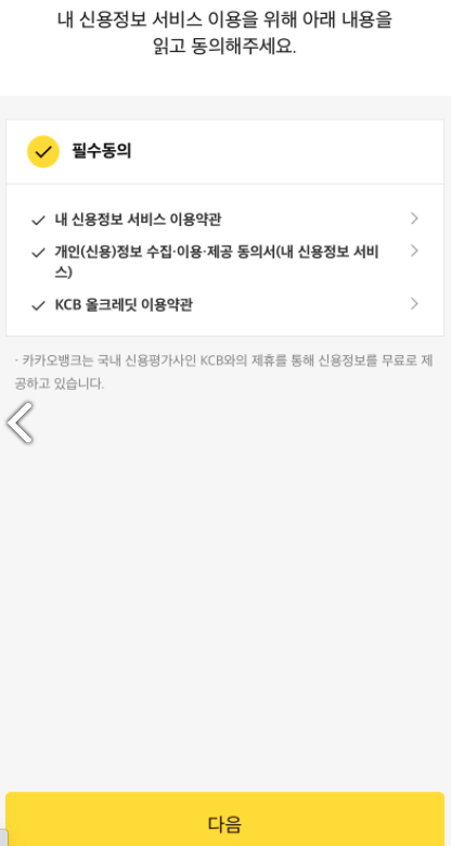 카카오뱅크 필수동의 화면