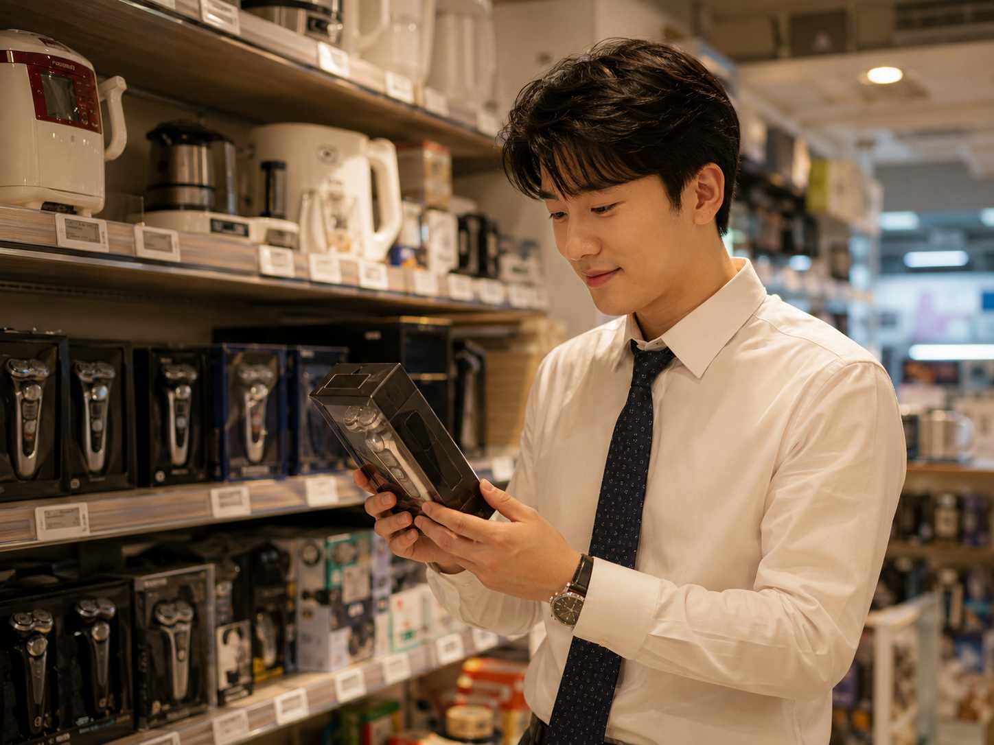 전자제품 매장에서 정장을 입은 젊은 남성이 진열대 앞에서 전기면도기 상자를 손에 들고 살펴보는 모습