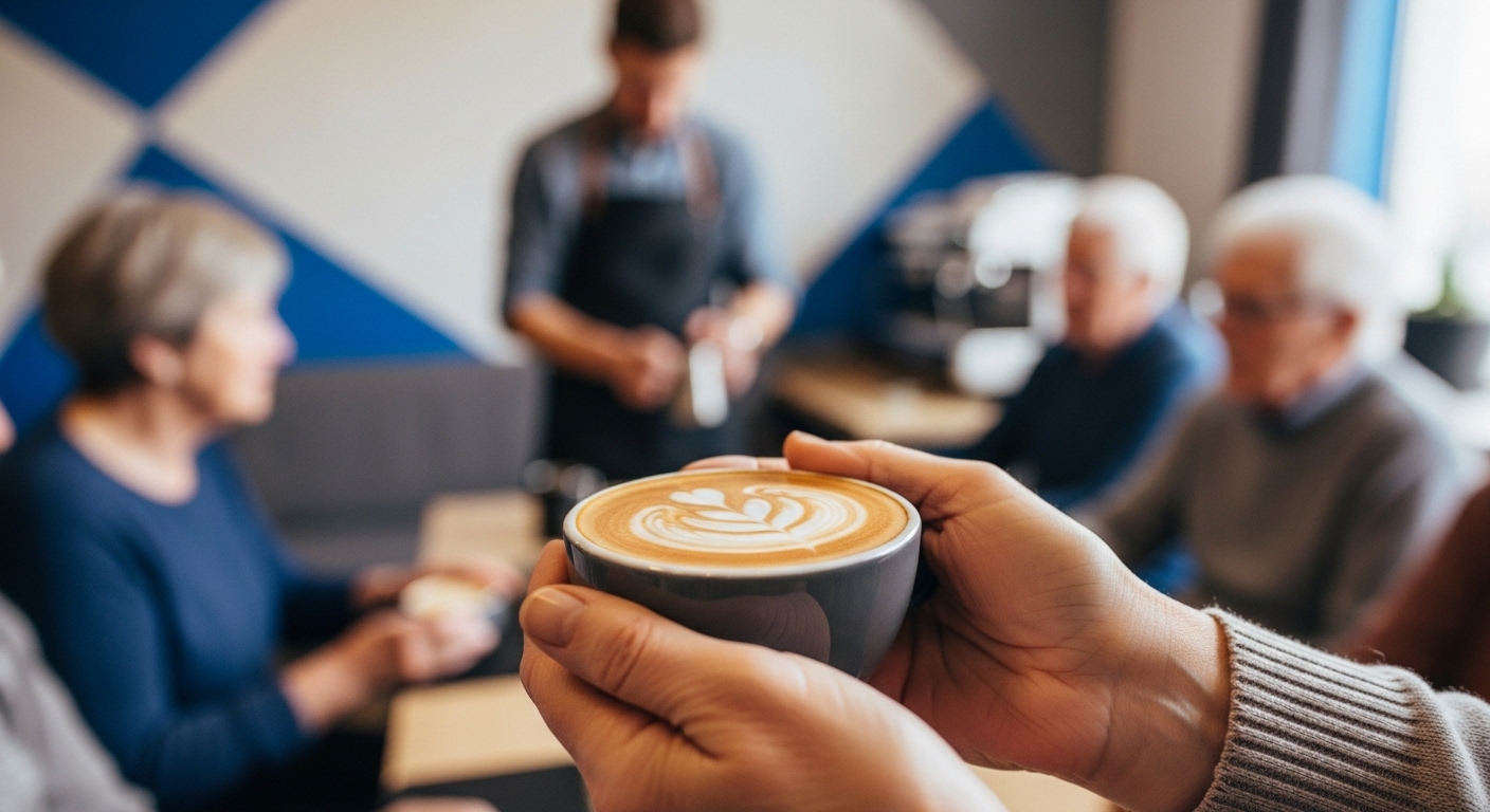 60대 시니어가 바리스타 교육에서 라떼 아트를 배우며 새로운 기술을 익히는 모습.