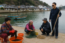 전통적인 일본 어촌의 해안가 풍경 속에서 낚시 도구를 정리하는 귀어인의 모습, 조용한 바닷가와 오래된 목조 건물이 어우러진 평화로운 장면