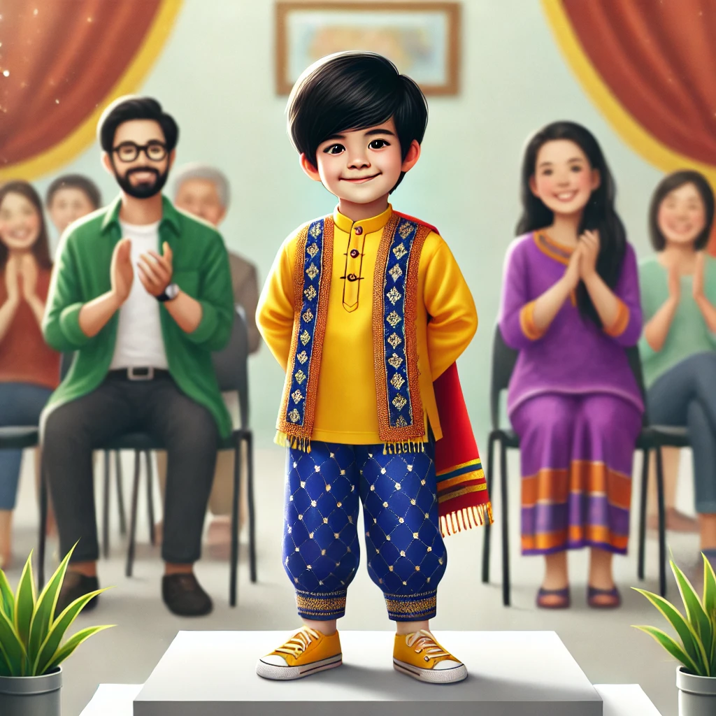 6살 정도 된 한국 아이가 학교 재능 발표회에서 작은 무대 위에 자신감 있게 서 있는 모습, 밝은 의상을 입고 자랑스러운 미소를 짓고 있으며, 배경에는 부모님이 응원하는 모습이 보임