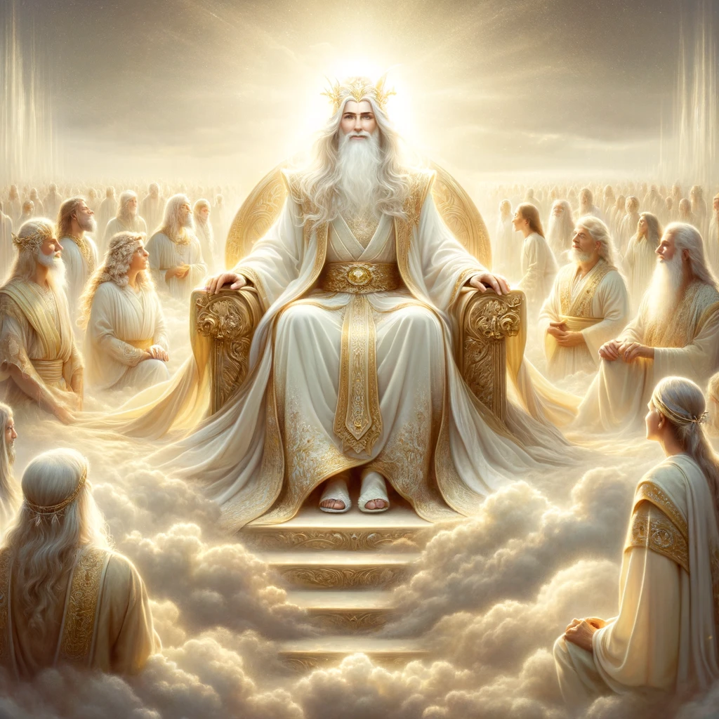Here is the image depicting the Almighty Lord as the ultimate counselor, embodying wisdom and majesty. The scene shows a majestic, ethereal figure seated on a throne in the clouds, surrounded by people looking up in awe.