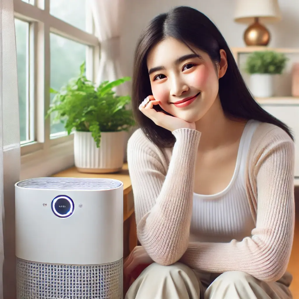 공기청정기 옆에서 편안하게 앉아 있는 젊은 동양 여성