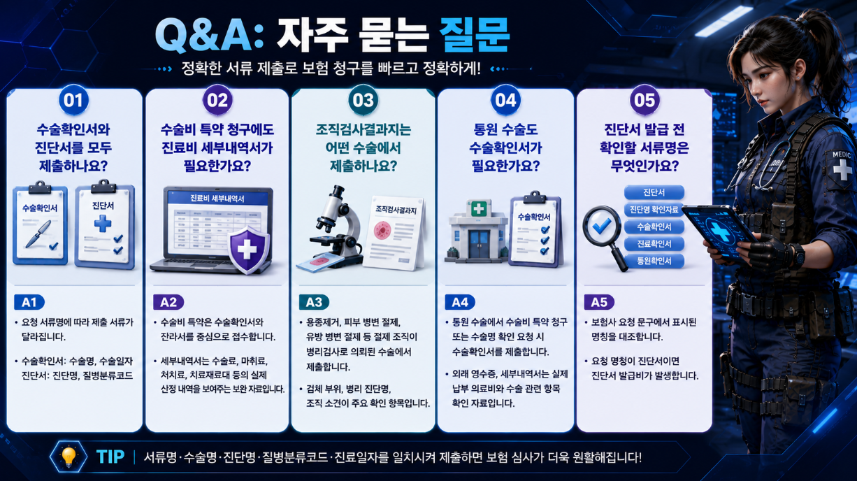수술 후 실손 청구 관련 자주 묻는 질문 5가지를 문답 형식으로 정리한 16:9 인포그래픽