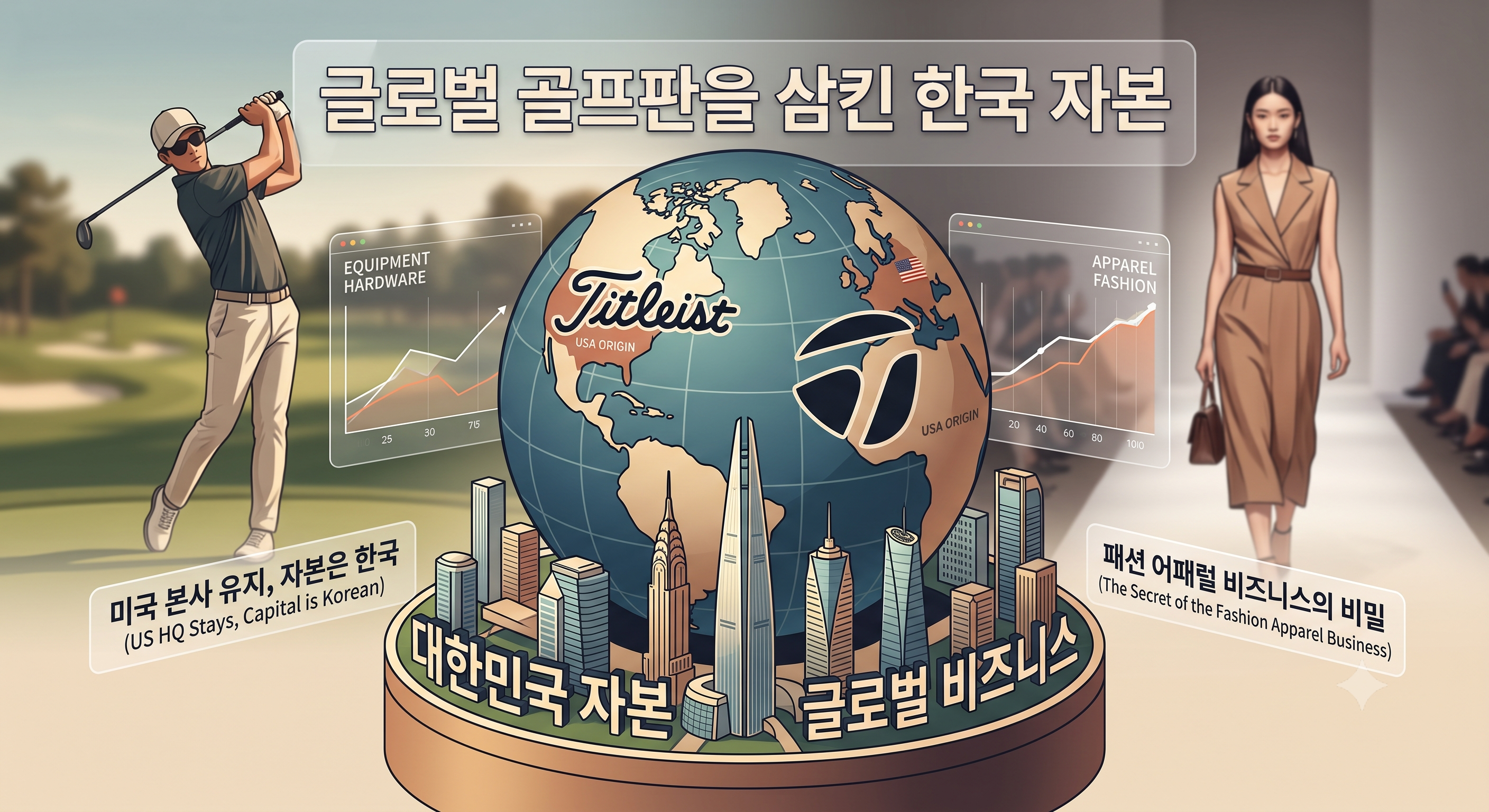 타이틀리스트와 테일러메이드 로고가 띄워진 거대한 지구본이 롯데월드타워를 비롯한 한국의 마천루들 위에 올려져 있는 인포그래픽 형태의 일러스트. 지구본 왼쪽에는 스윙을 하는 골퍼와 완만한 장비 하드웨어 매출 그래프가 있고, 오른쪽에는 런웨이를 걷는 패션 모델과 가파르게 상승하는 패션 어패럴 매출 그래프가 대조적으로 배치되어 있다. 상단에는 '글로벌 골프판을 삼킨 한국 자본'이라는 텍스트가 적혀 있다.