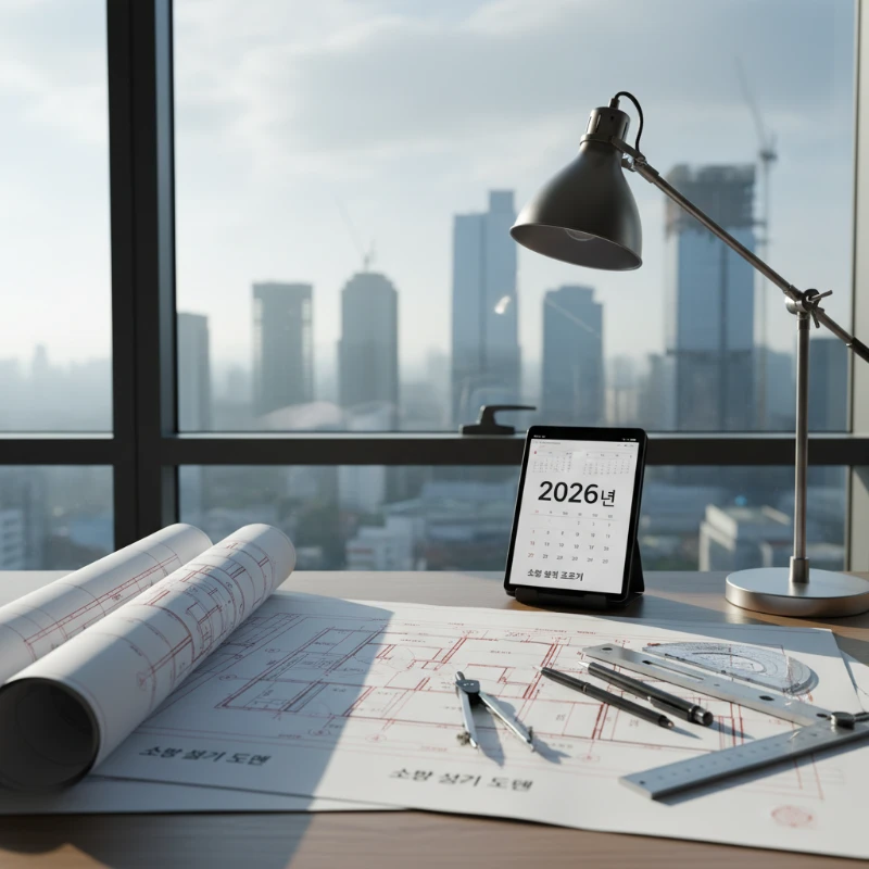2026년 소방설비기사 시험 준비와 전문적인 설계 도구가 놓인 책상 풍경