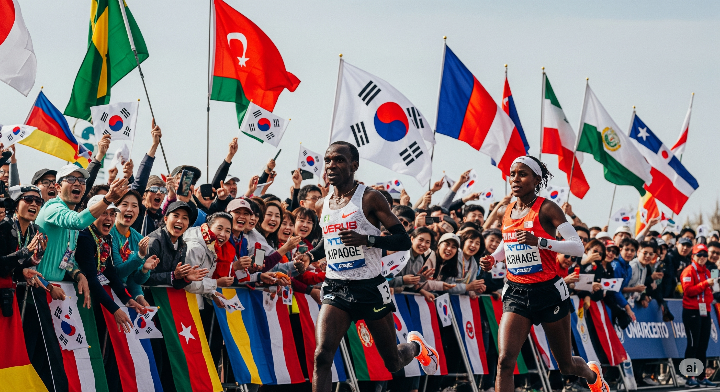 마라톤 코스를 힘차게 달리는 엘리우드 킵초게 또는 시판 하산 선수(주변에 응원단이 각 나라의 국기를 흔들며 환호하는 장면)