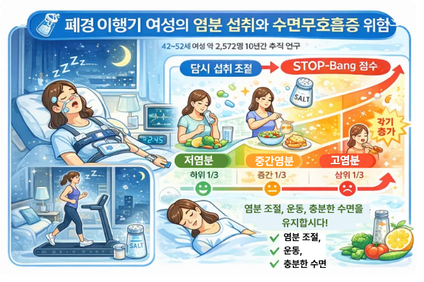 폐경 이행기 여성 염분 섭취와 수면무호흡증 위험 관련 이미지