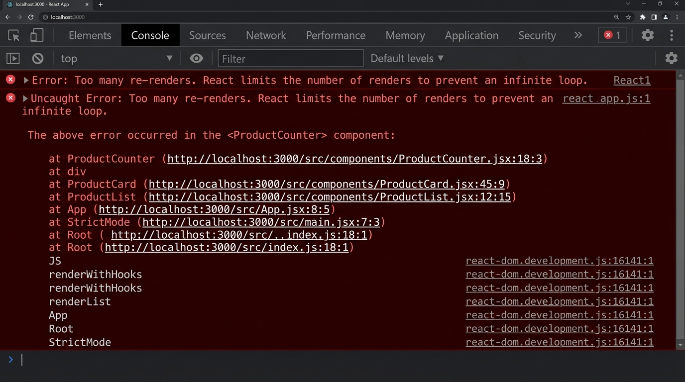 크롬 브라우저 콘솔창에 나타난 Too many re-renders. React limits the number of renders 무한 렌더링 에러 메시지 캡처