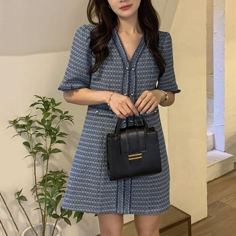 여성 브이넥 데님 미니스커트 프렌치 헤비 인더스트리 샤넬 스타일 스몰 원피스 2022 봄 여름 유행