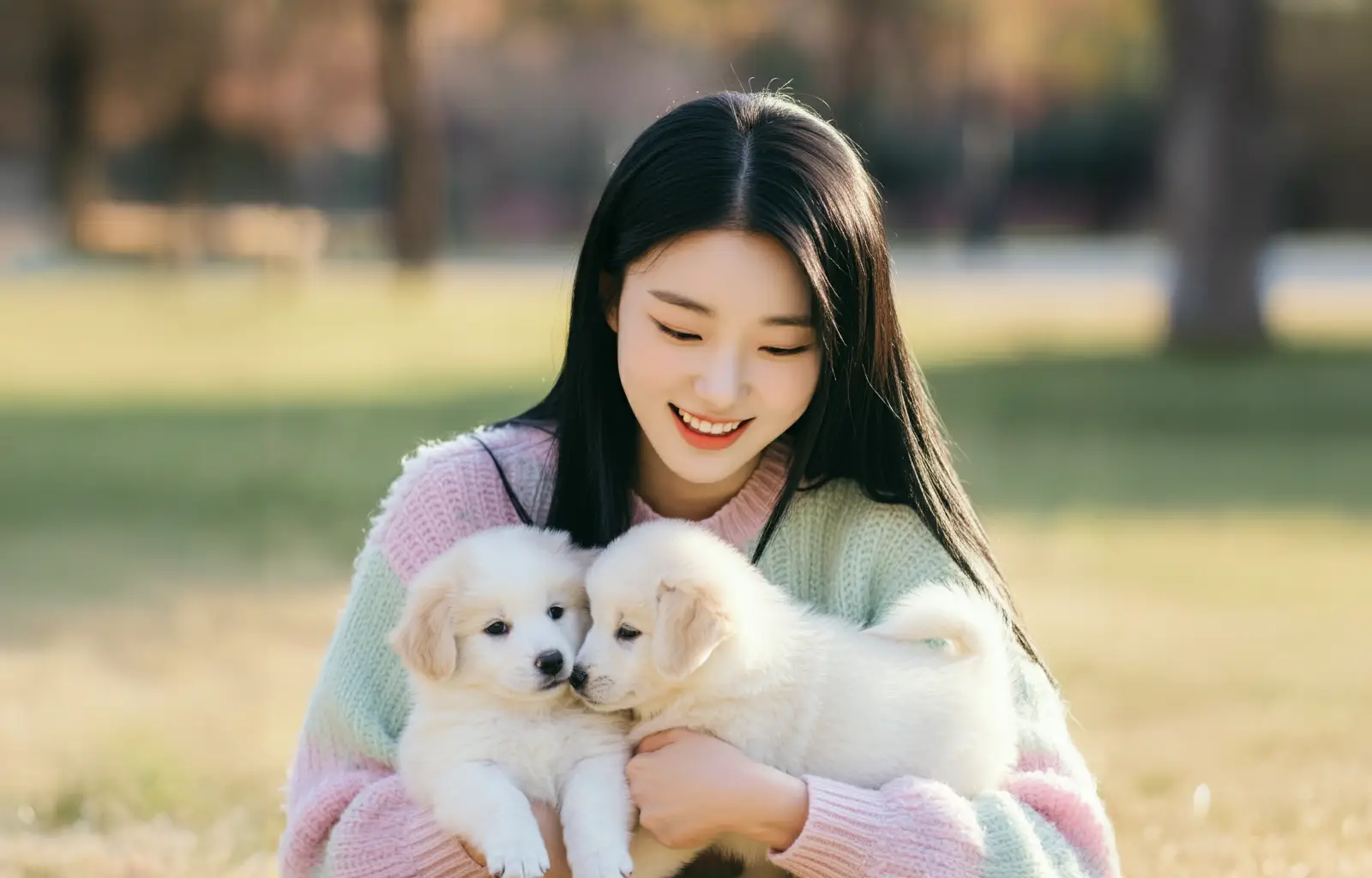 강아지들과 놀고 있는 여성