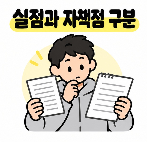 실점과 자책점을 구분하자는 문구와 기록지를 확인하는 사람 일러스트