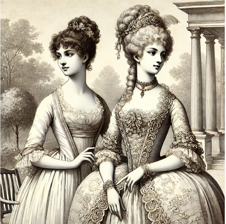 리젠시 스타일, 로코코 스타일로 꾸민 18~19세기 영국과 프랑스 여성의 모습입니다.