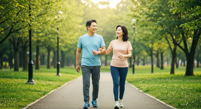 중년 부부가 공원에서 아침 산책하는 모습